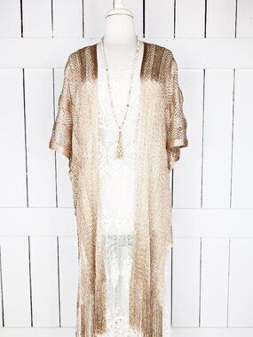 Striped metallic gold fishnet tassel fringe cover up kimono